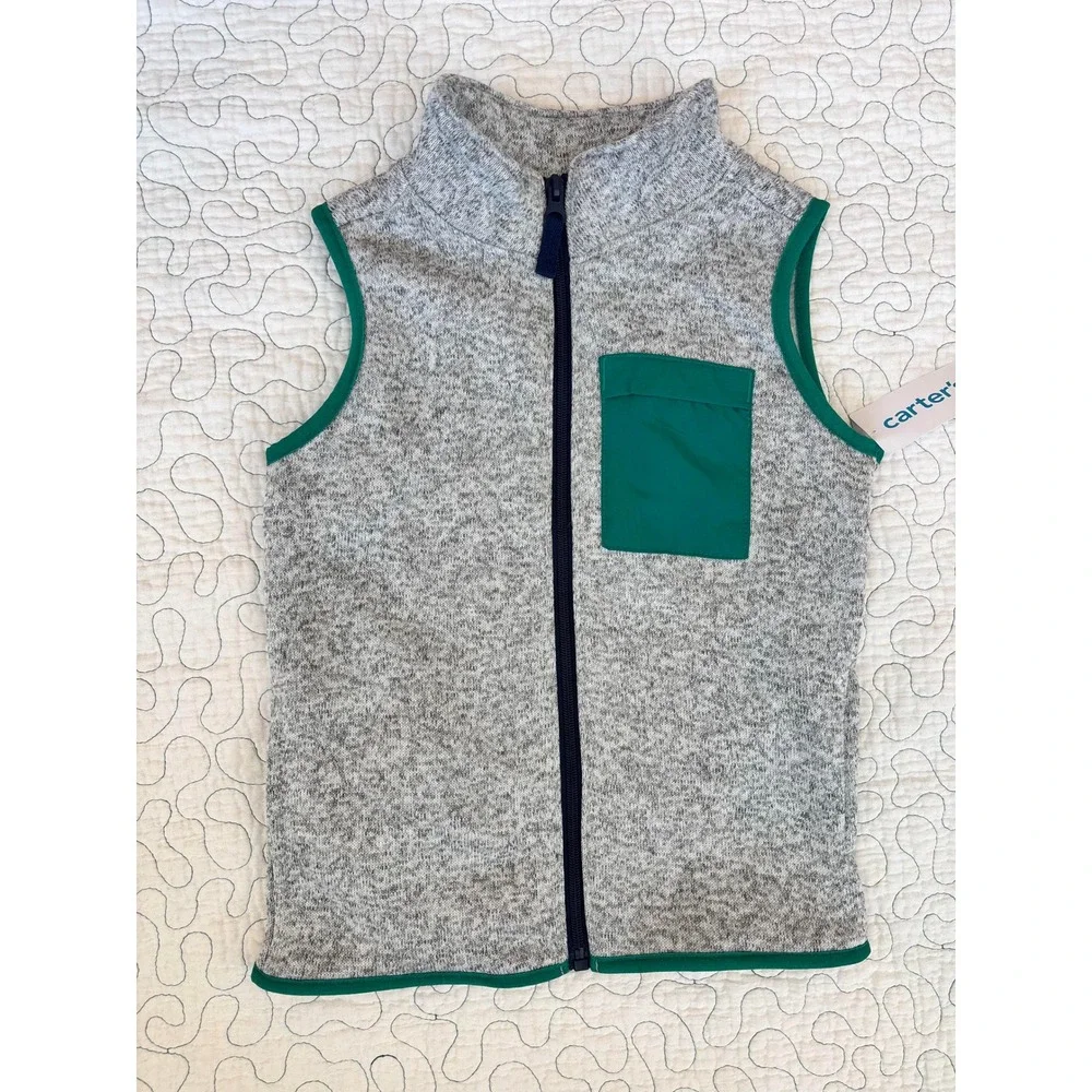 Carters Kids‎ Boy's Gray Fleece Vest Green Pocket Zipper Size 6 #95